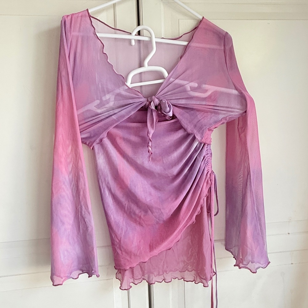 Tiger Mist Pink Purple Tie Dye Mesh 2 Piece Set Ruched Mini Skirt Womens Small
